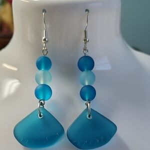 Blue and Silver Sea Glass Earrings with Triangular Pendants